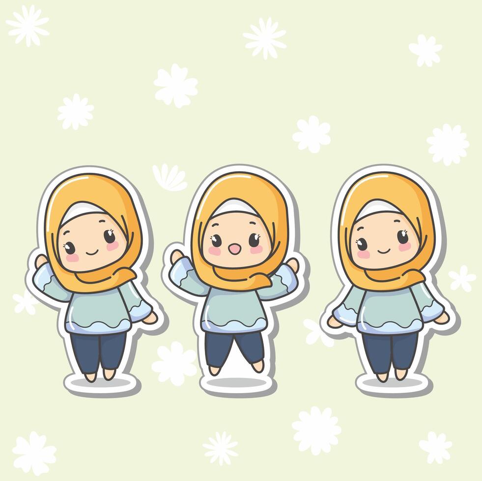 Three pose Cute and kawaii light Orange Hijab Girl Ukhti Chibi Illustration, can be use as photo profil or status on social media vector
