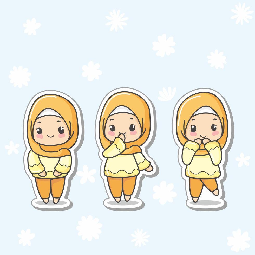 Three pose Cute and kawaii Orange Hijab Girl Ukhti Chibi Illustration, can be use as photo profil or status on social media vector