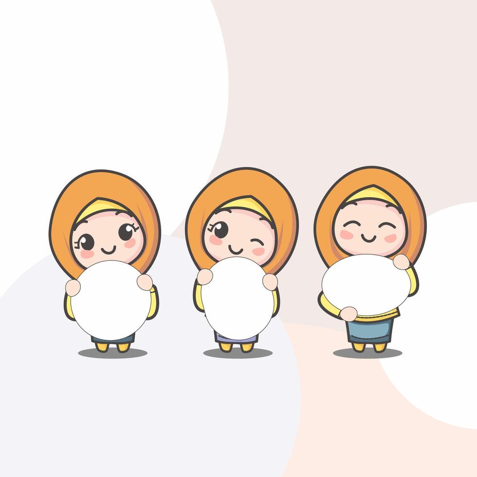 Three Cute Light Orange Hijab Moslem girl hold blank space sign board banner chibi kawaii character vector