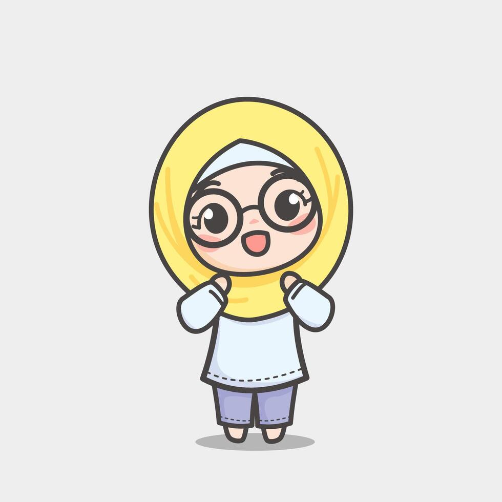 Cute Mosleem girl with happy expression, Light Yellow Hijab and grey tees. Can be used for illustrations, status or profile photos on social media. vector