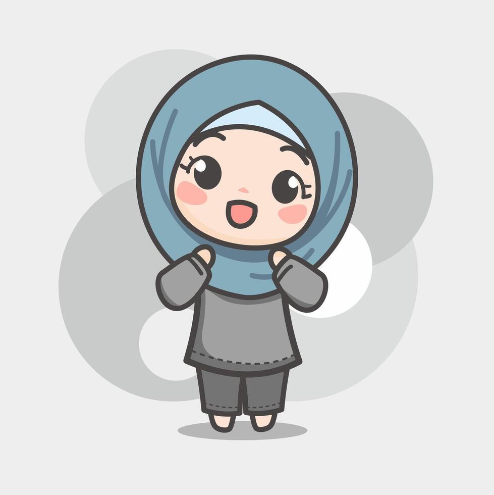 Cute Mosleem girl with happy expression, Light Blue Hijab and grey tees. Can be used for illustrations, status or profile photos on social media. vector
