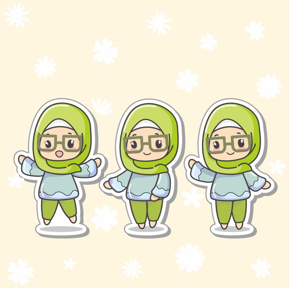 Three pose Cute and kawaii Green Hijab Girl Ukhti Chibi Illustration, can be use as photo profil or status on social media vector