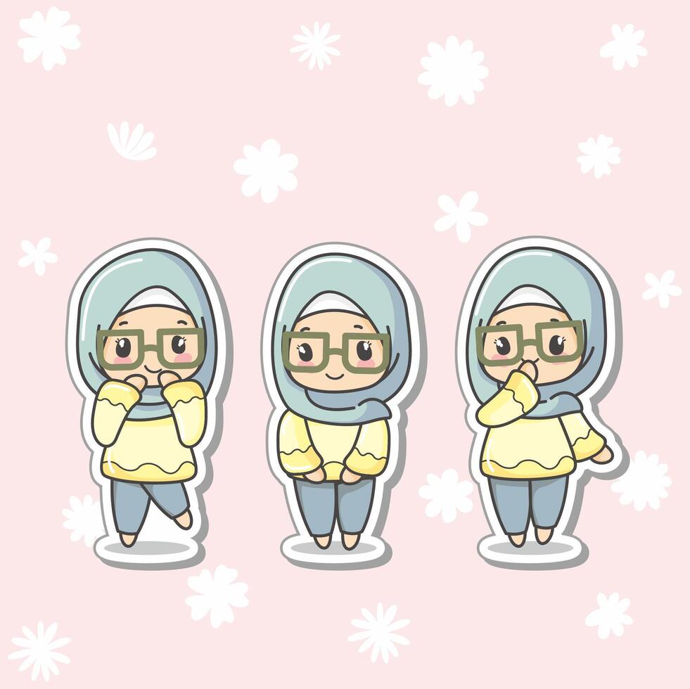 Three pose Cute and kawaii Light blue Hijab Girl Ukhti Chibi Illustration, can be use as photo profil or status on social media vector