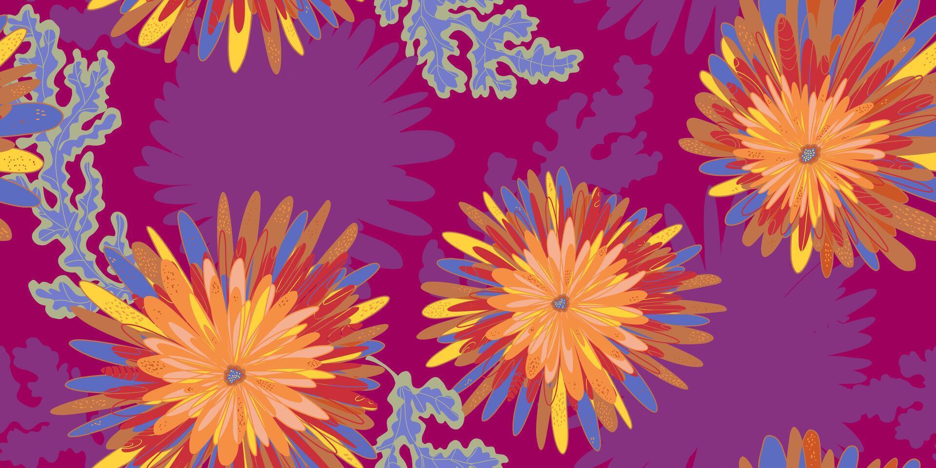 a colorful pattern with flowers on purple background vector