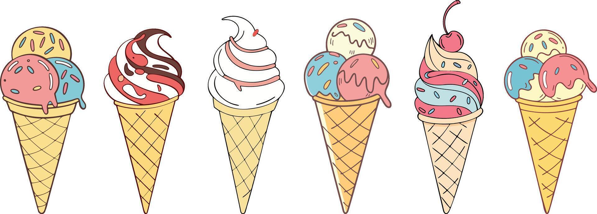 A collection of whimsical ice cream cones in various flavors, featuring a mix of scoops and swirls. vector
