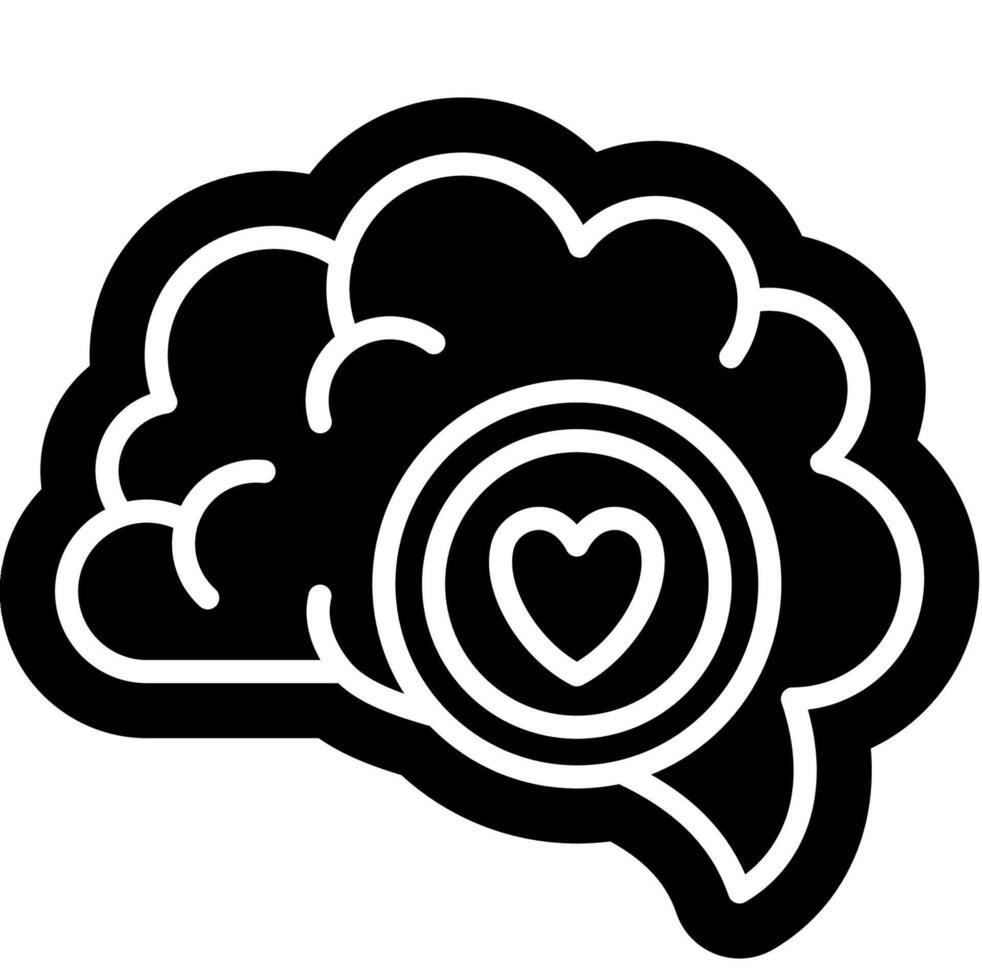 A black and white illustration of a brain with a heart vector