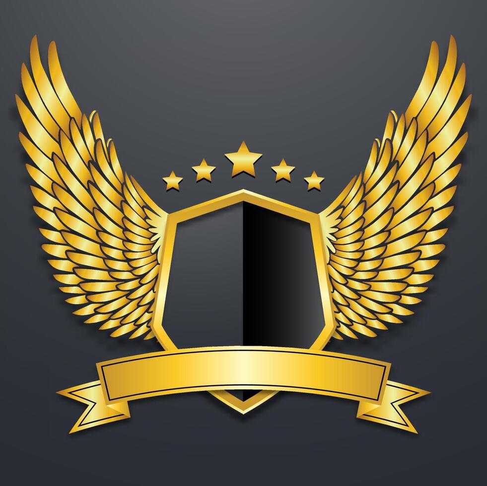 vintage golden shield logo with wing shape ornament vector