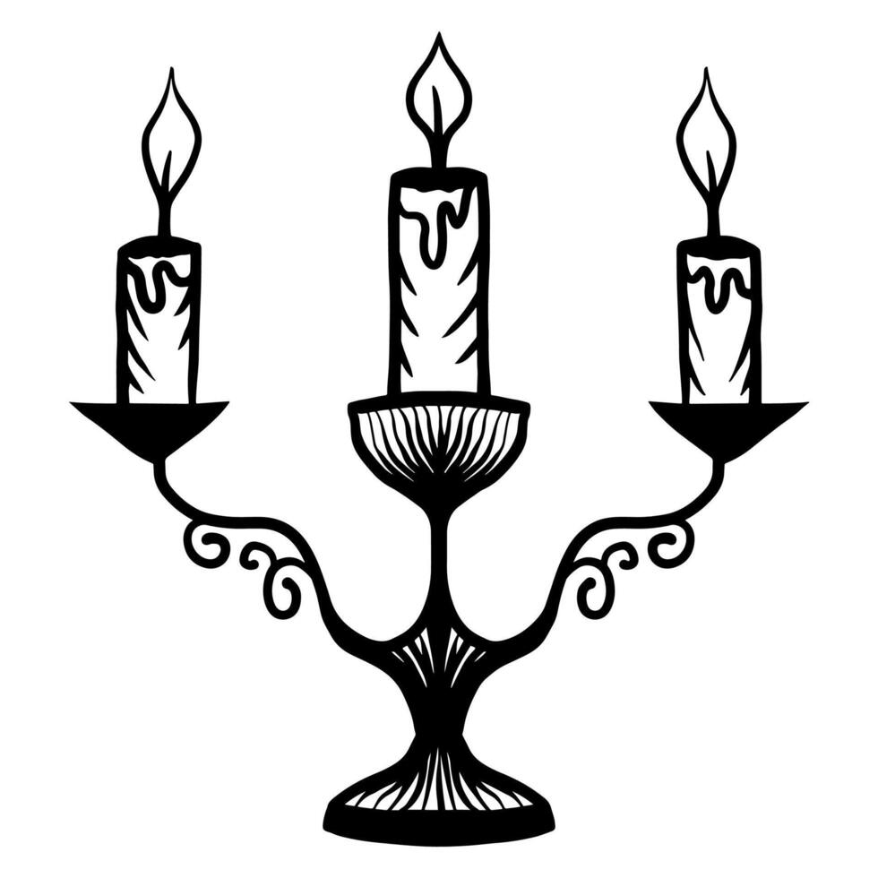 Hand drawn vintage candle holder with burning candle doodles vector