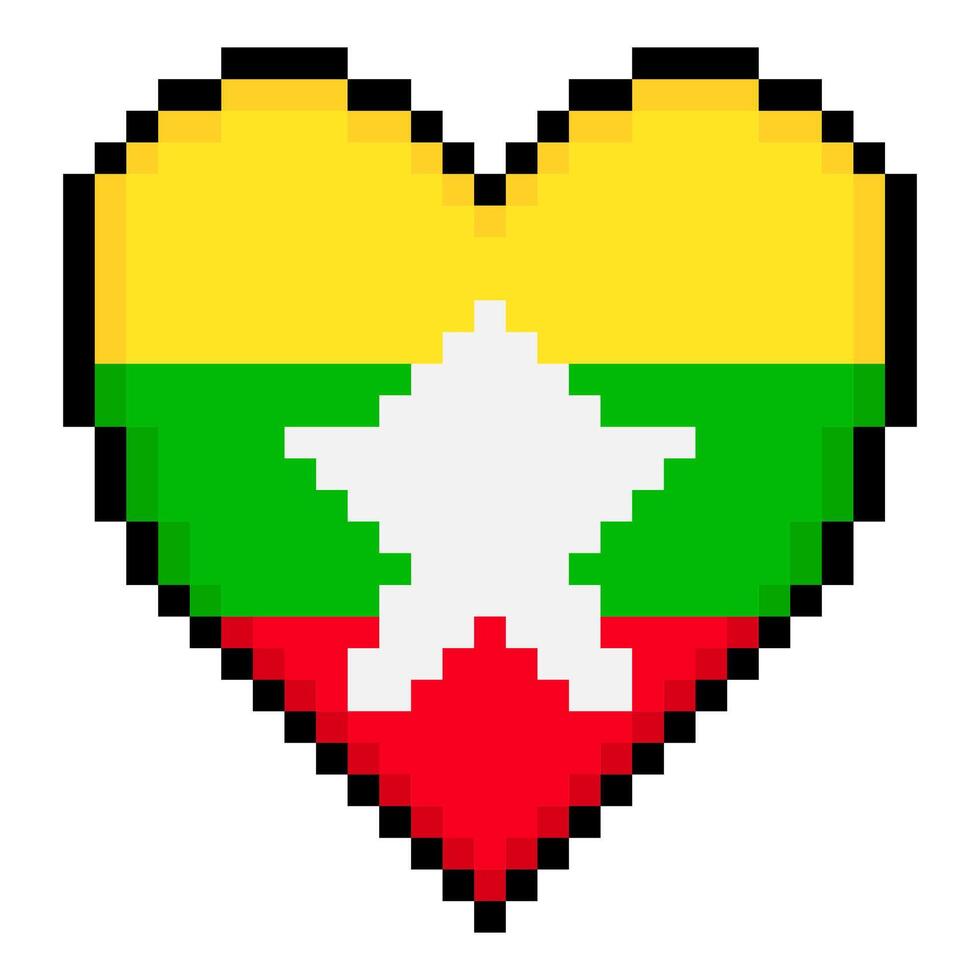 Myanmar flag with heart shape in pixel art style vector