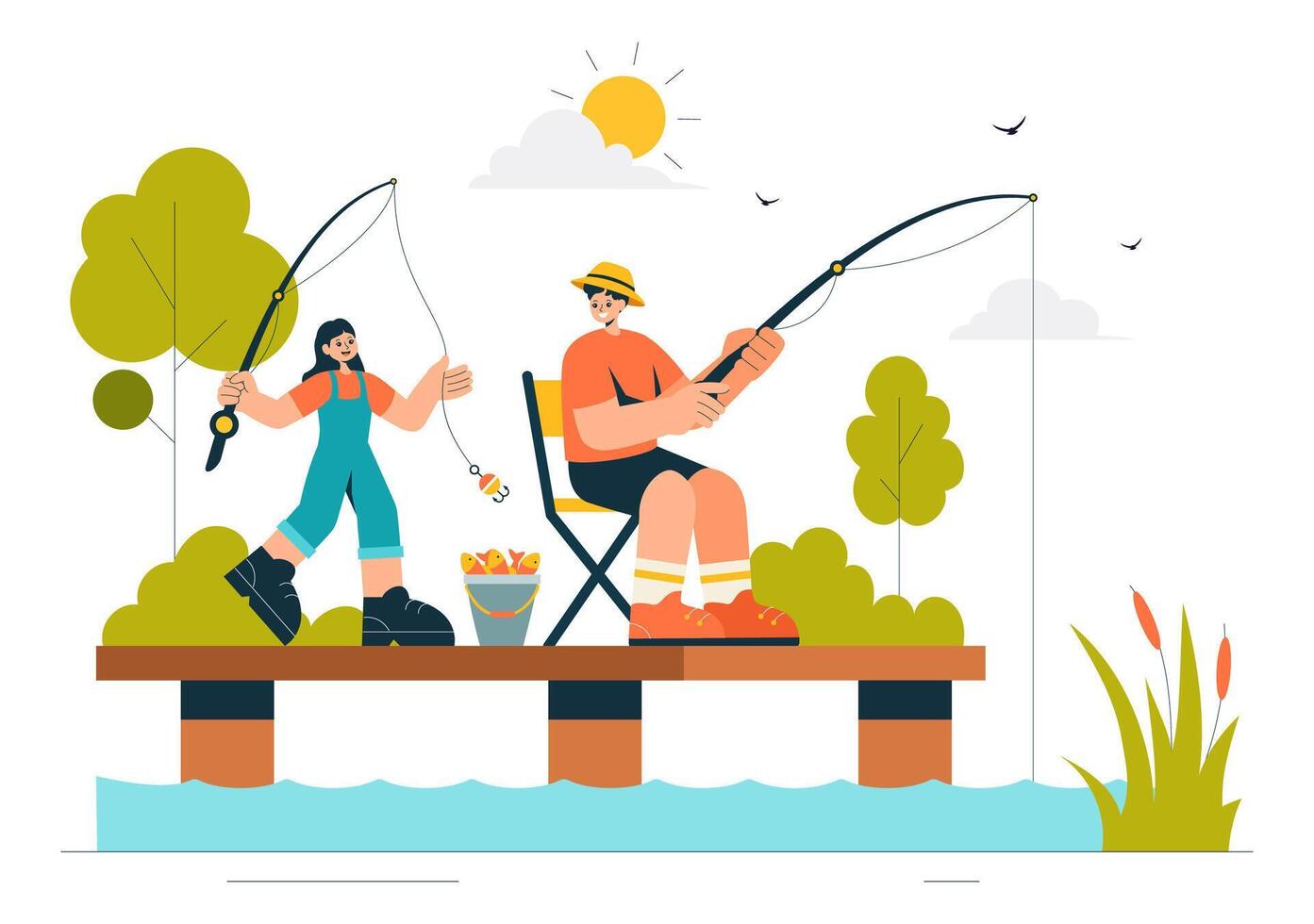 Recreational Fishing Illustration Featuring Anglers, Nets, and Bait vector