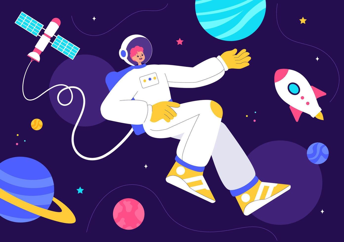 Galactic Exploration Illustration Featuring an Astronaut, Spaceship, and Celestial Bodies vector
