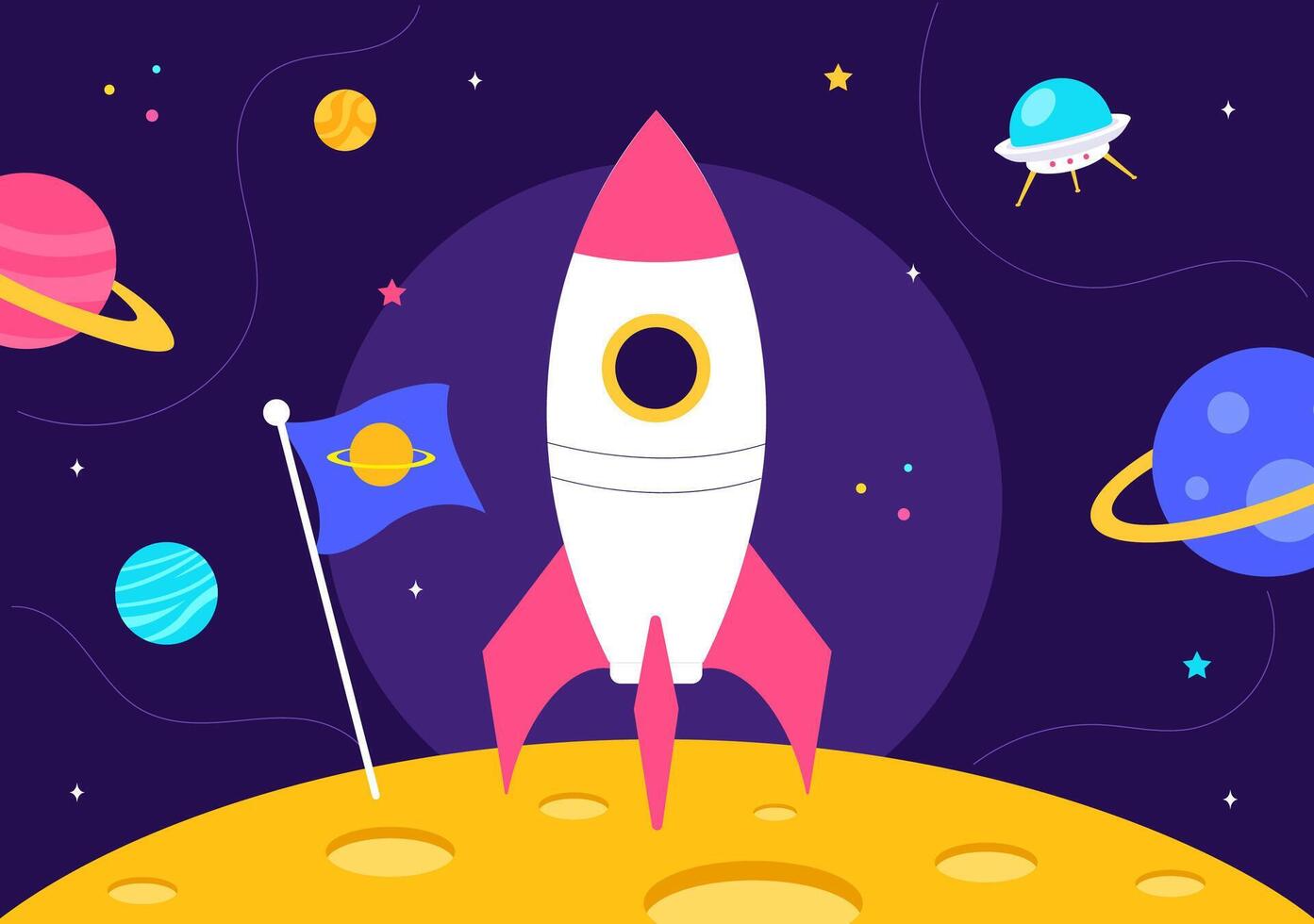 Astronaut in Space Illustration with Floating Celestial Objects and a Spaceship vector