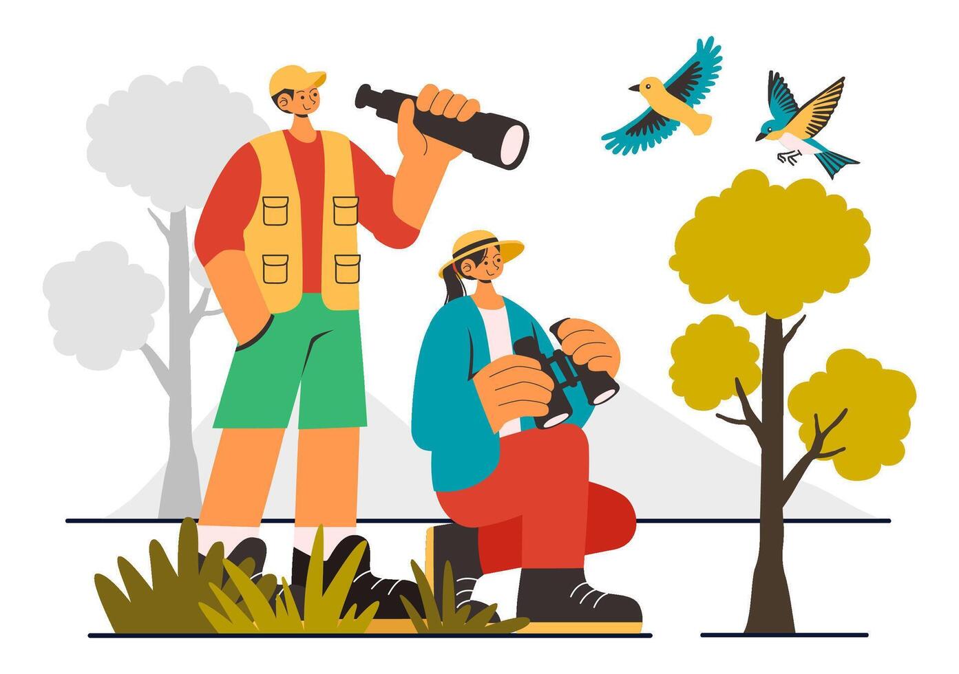 Bird Observation Illustration Featuring Naturalists in the Wild vector
