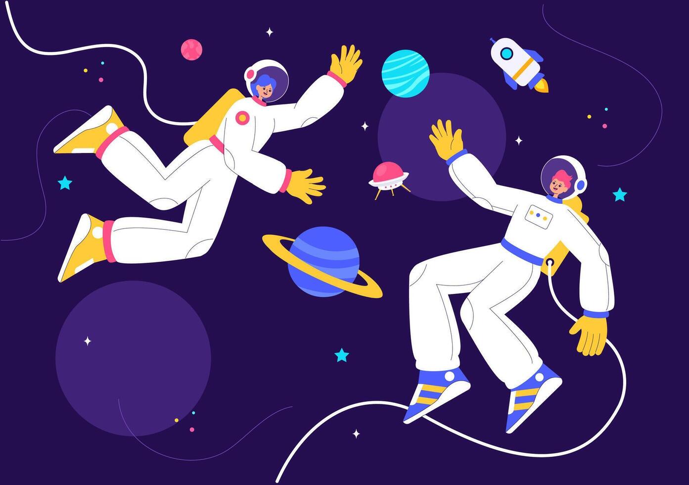 Space Adventure Illustration with an Astronaut, Rocket, and Planets in a Cartoon Background vector