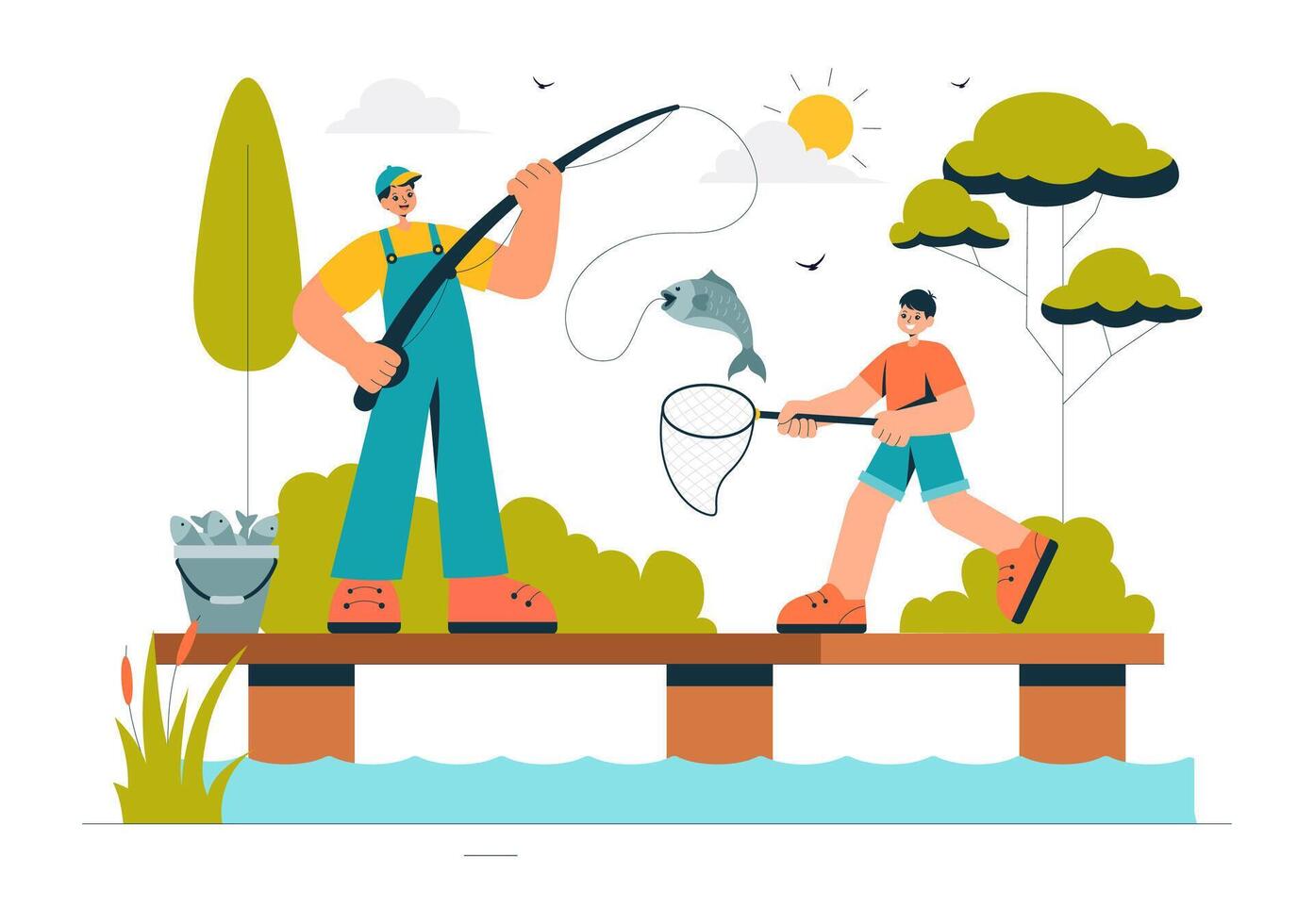 Fishing Hobby Illustration with Nets, Baits, and Sport Anglers vector