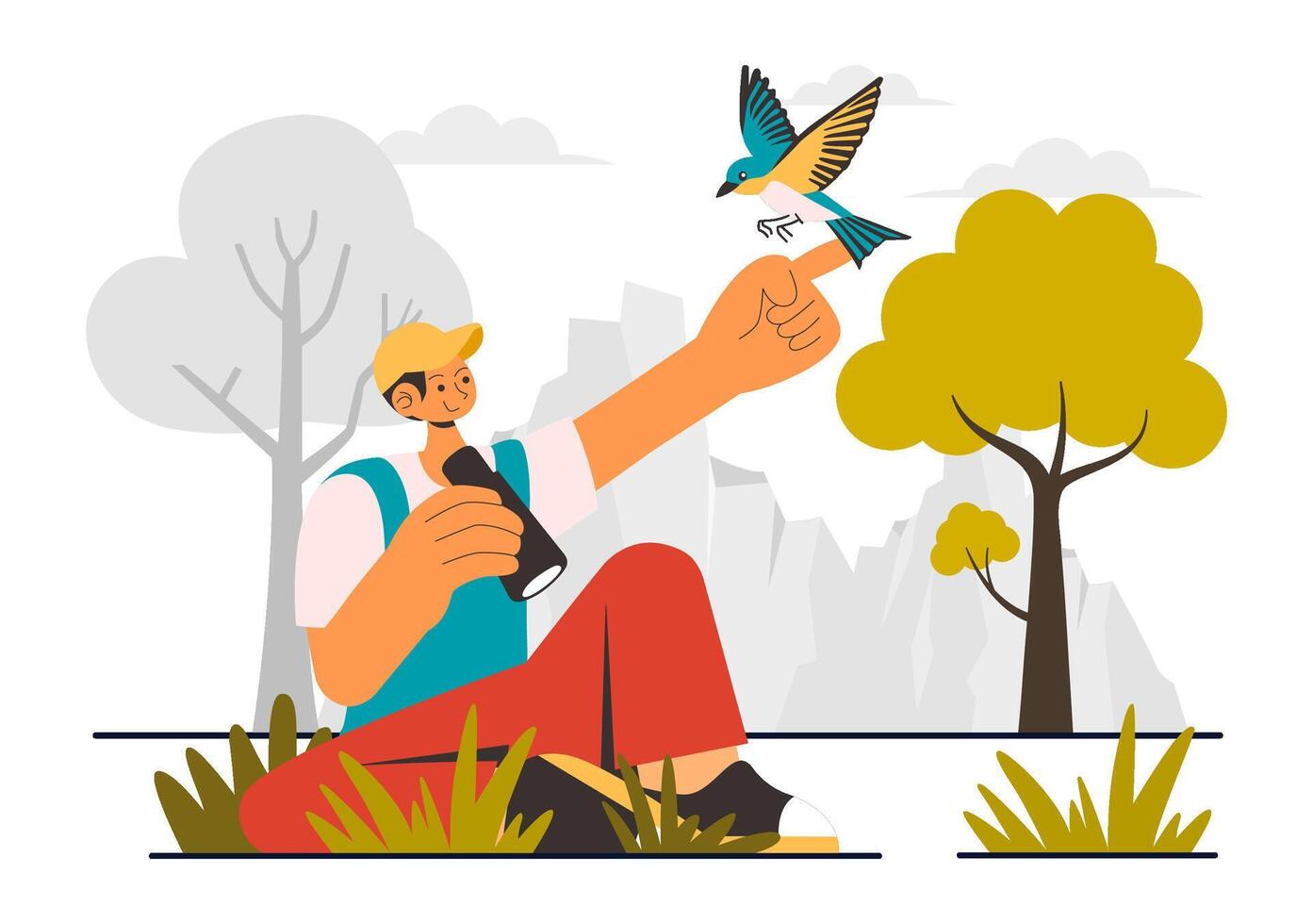 Bird Watching Hobby Illustration with People Observing Birds in Nature vector