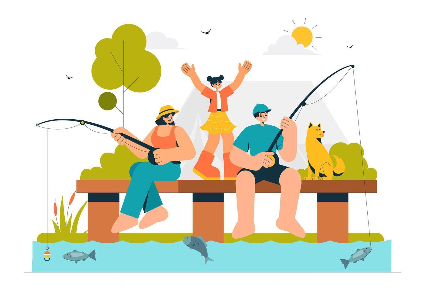 River Fishing Illustration Featuring Anglers with Rod and Net vector