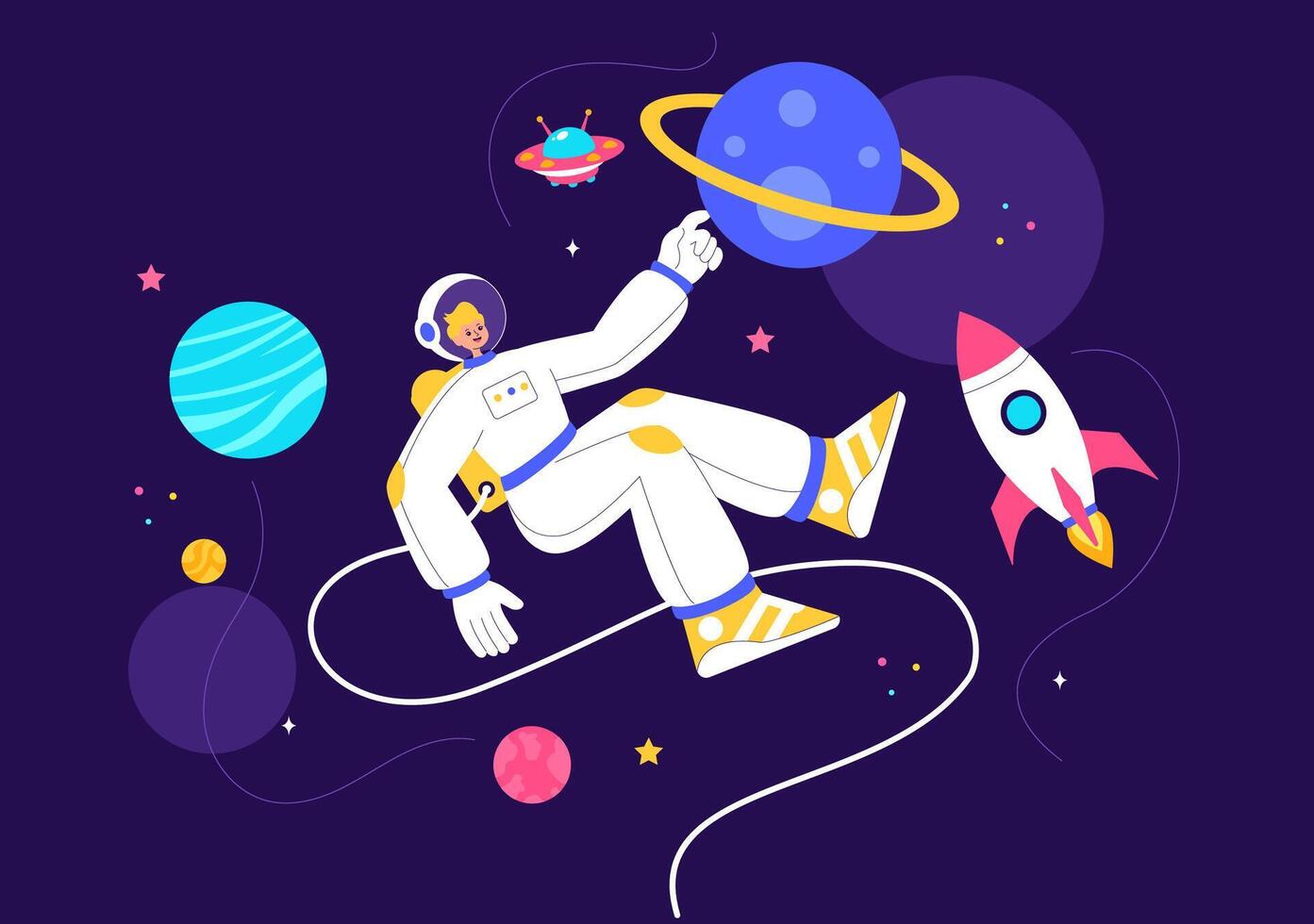 Cosmic Adventure Illustration with an Astronaut, Rocket, and a Starry Galaxy Scene vector