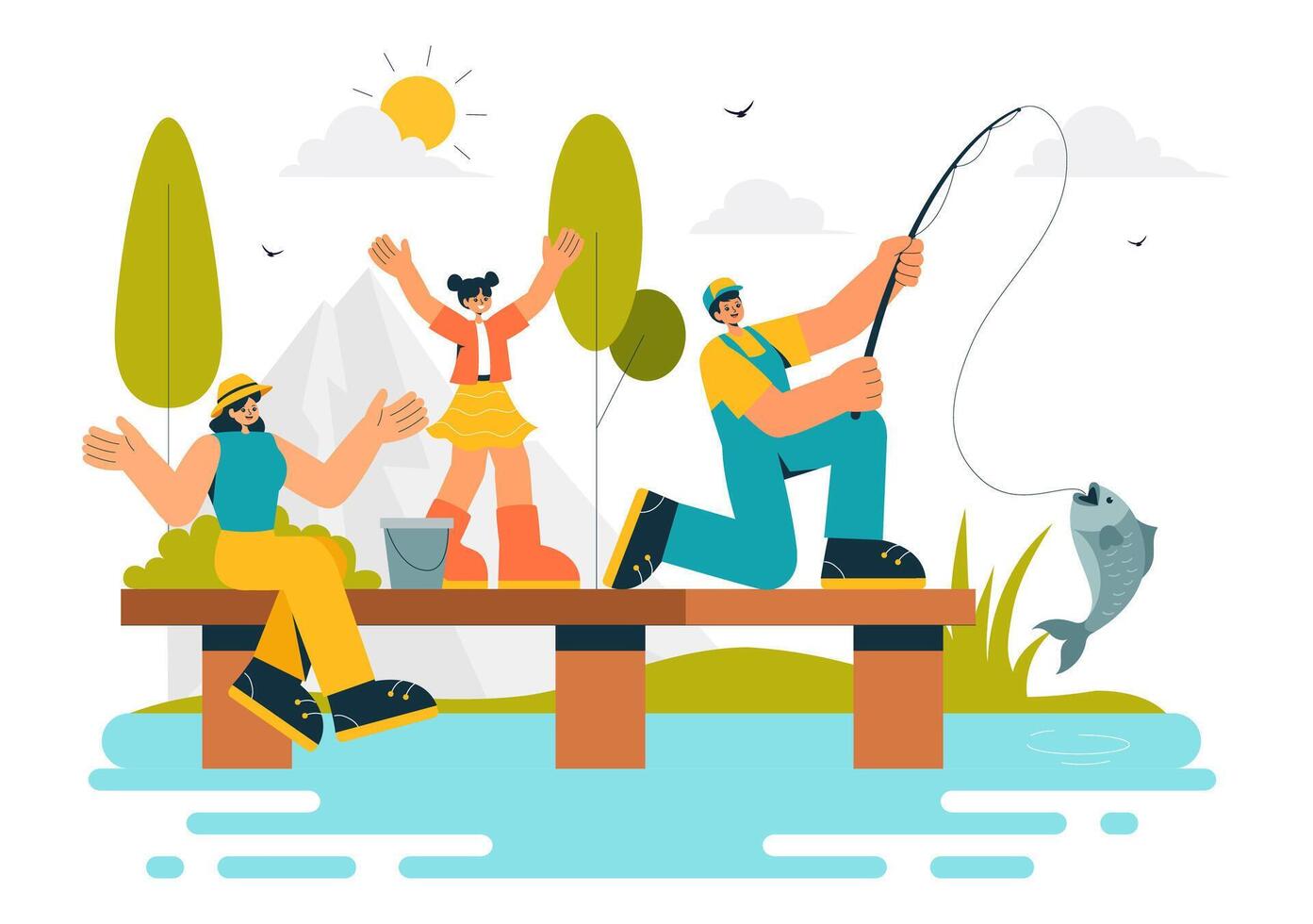 Fishing Adventure Illustration with Angler, Rod, and Boat on a River vector