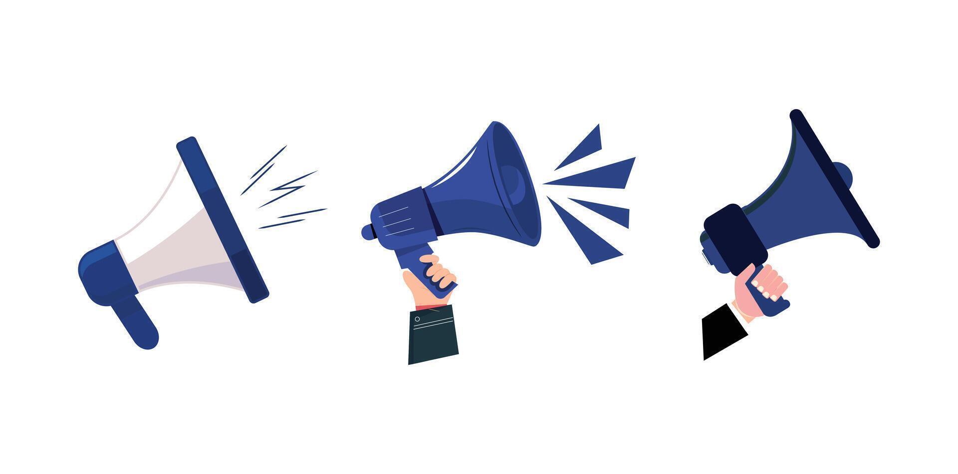Trendy retro collage with megaphone and blue beams of sound. loudspeaker with halftone elements vector
