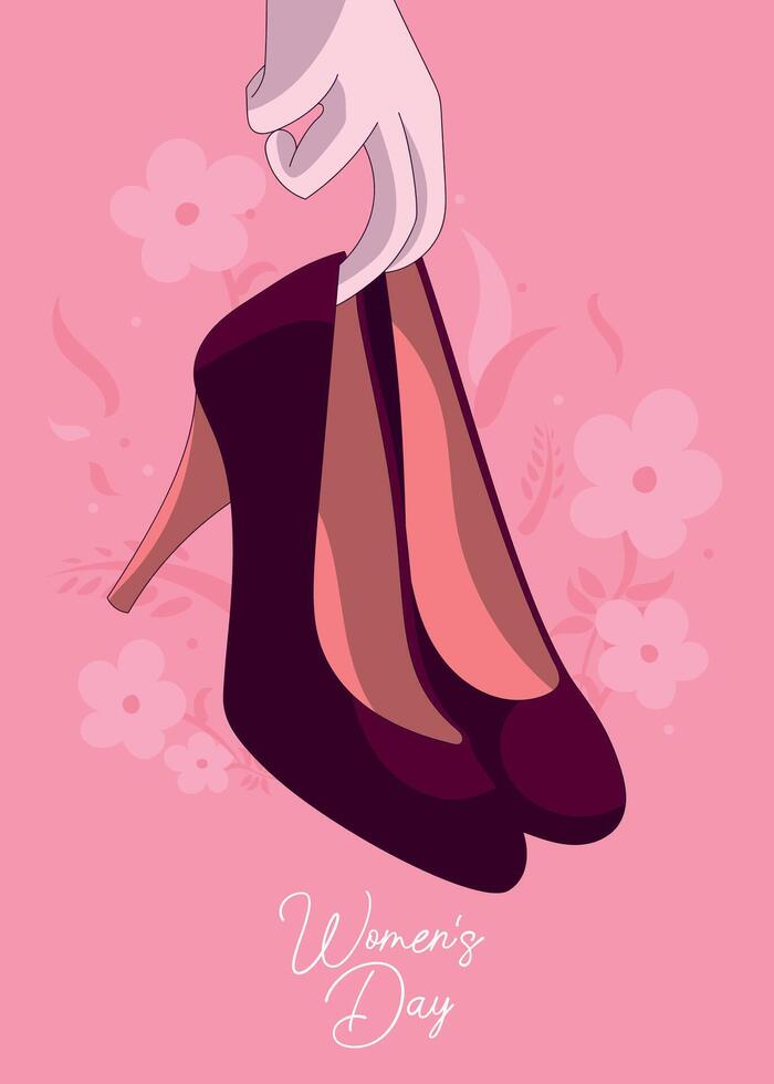 illustration of elegant high heel shoes on pink background with flowers for women's day poster vector