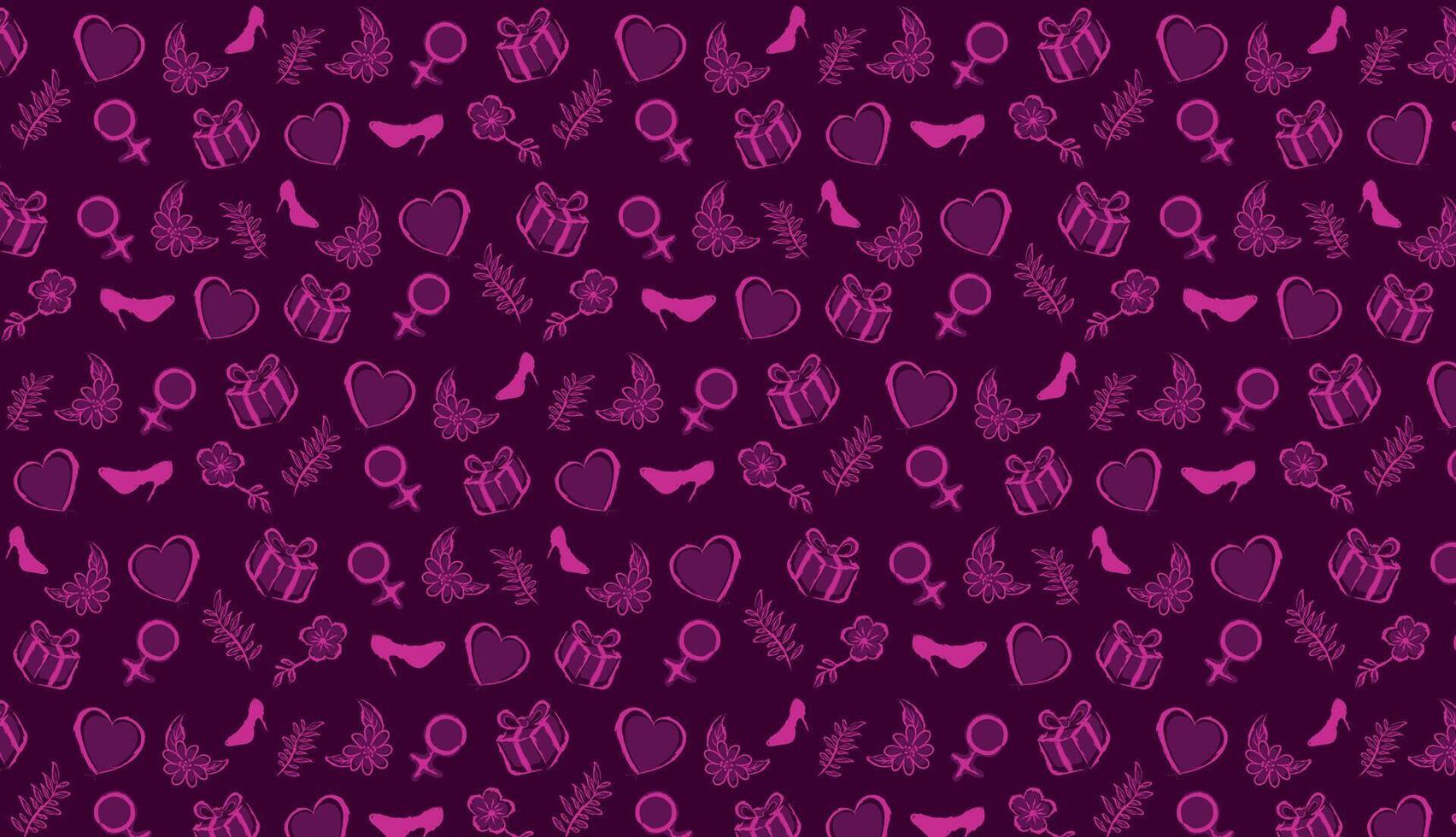Decorative feminine pattern with icons of hearts, gifts and heels in pink tones vector