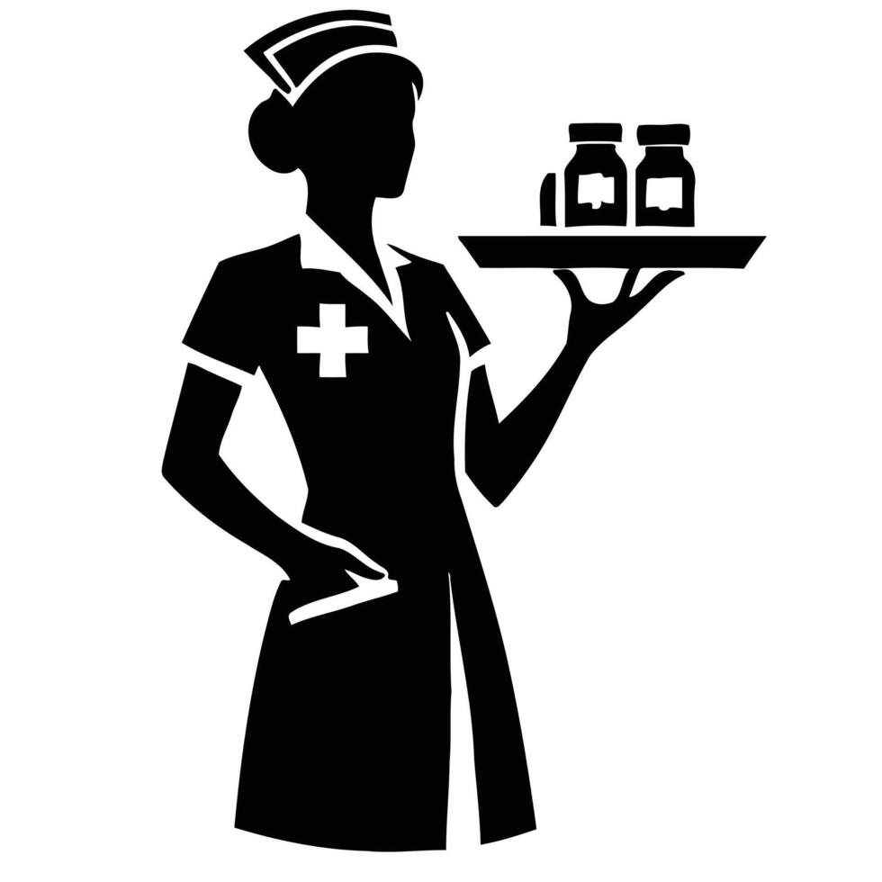 Silhouette of a nurse holding a tray with pills vector