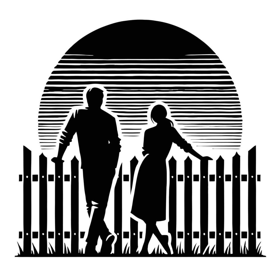 Silhouette of couple standing in front of a fence vector