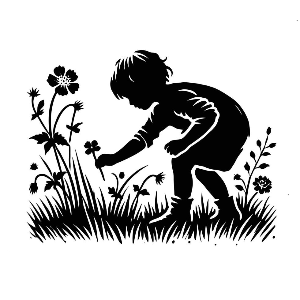 A silhouette of a little girl picking flowers vector