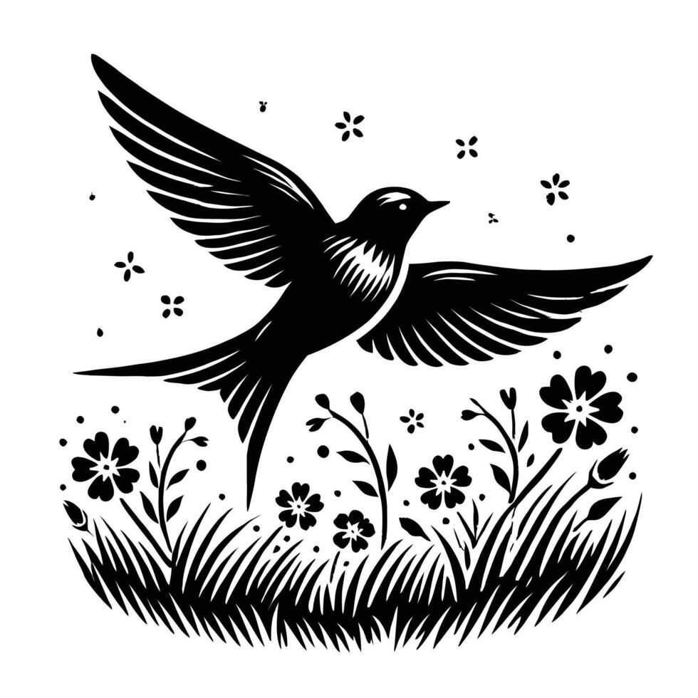 A black and white drawing of a bird flying over flowers vector