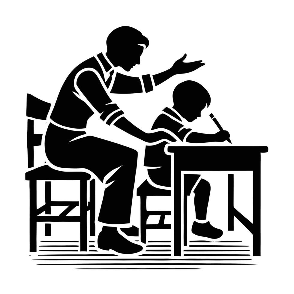 A black and white silhouette of a man and boy sitting at a desk vector