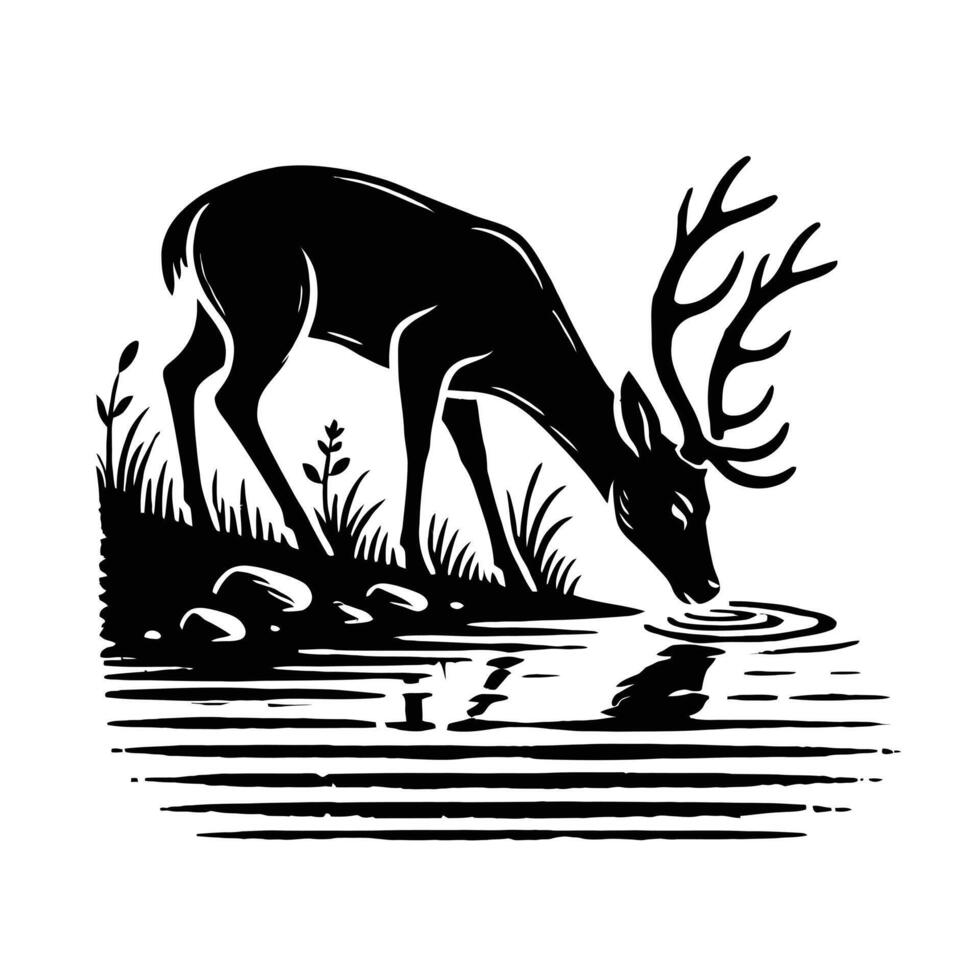 A black and white illustration of a deer drinking water vector