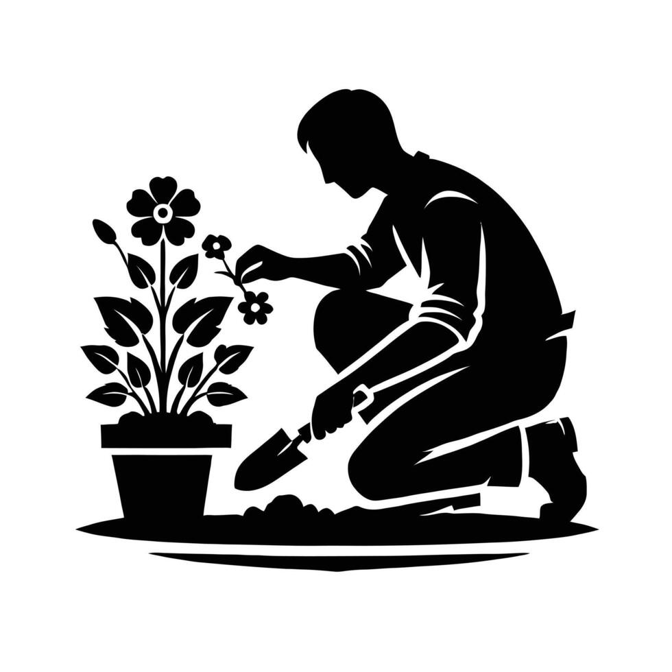 Man with flower pot and shovel vector