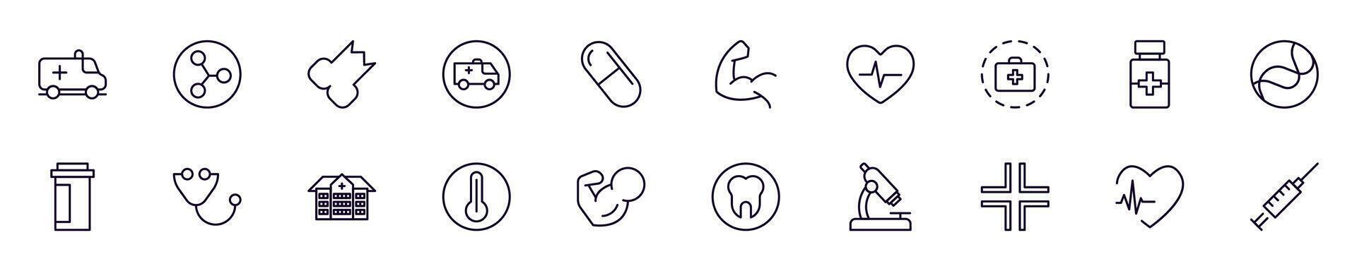 Medicine and healthcare linear symbols pack. Outline symbol and editable stroke for apps, stores, shops, infographics vector