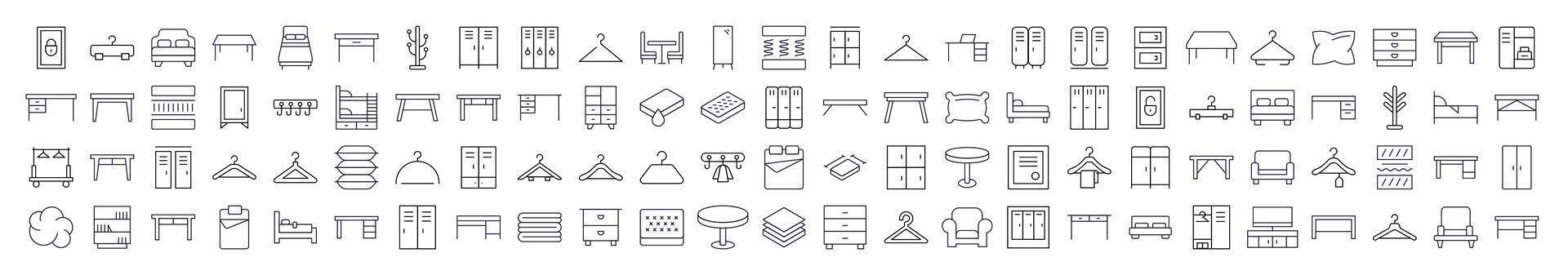 Furniture Simple Linear Illustrations. Contains Icons of Bed, Table, Mattress, Coat Hook that Can Be Used for Design of Cards, Posts, Apps, Web Sites vector