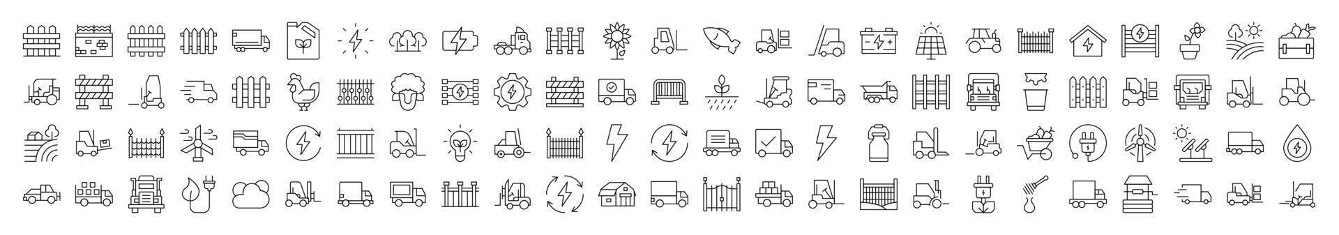Simple Linear Illustration of Agriculture. Contains Icons of Tractor, Fence, Farm, Energy that Can Be Used for Design of Cards, Posts, Apps, Web Sites vector