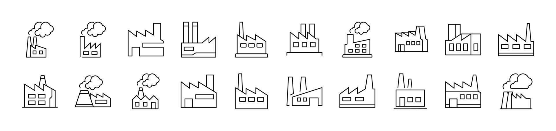 Factory and Manufacture Outline Icon Collection. Editable Stroke. Perfect for Infographics, Articles, Books, Flyers, Banners vector