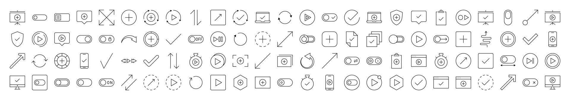 Interface Line Icon Set. Contains Icons of Arrows, Plus, Check, Play that Can Be Used for Design of Cards, Posts, Apps, Web Sites vector