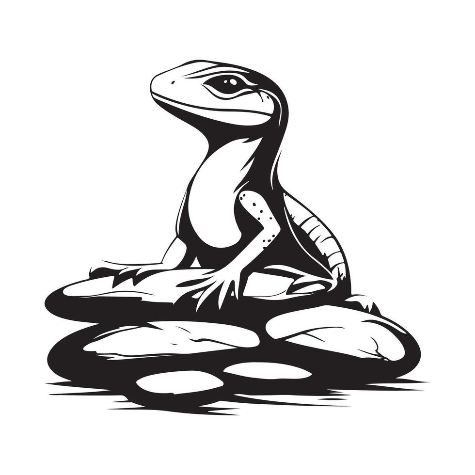 Black and white Calm Lizard Sunbathing on Rocks in Its Habitat Image isolated on white background. vector