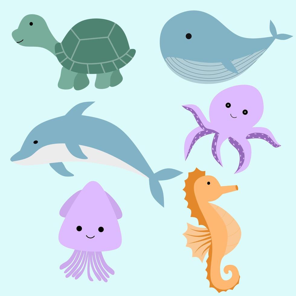 Sea animals illustration. Turtle, whale, dolphine, octopus, squid and sea horse vector