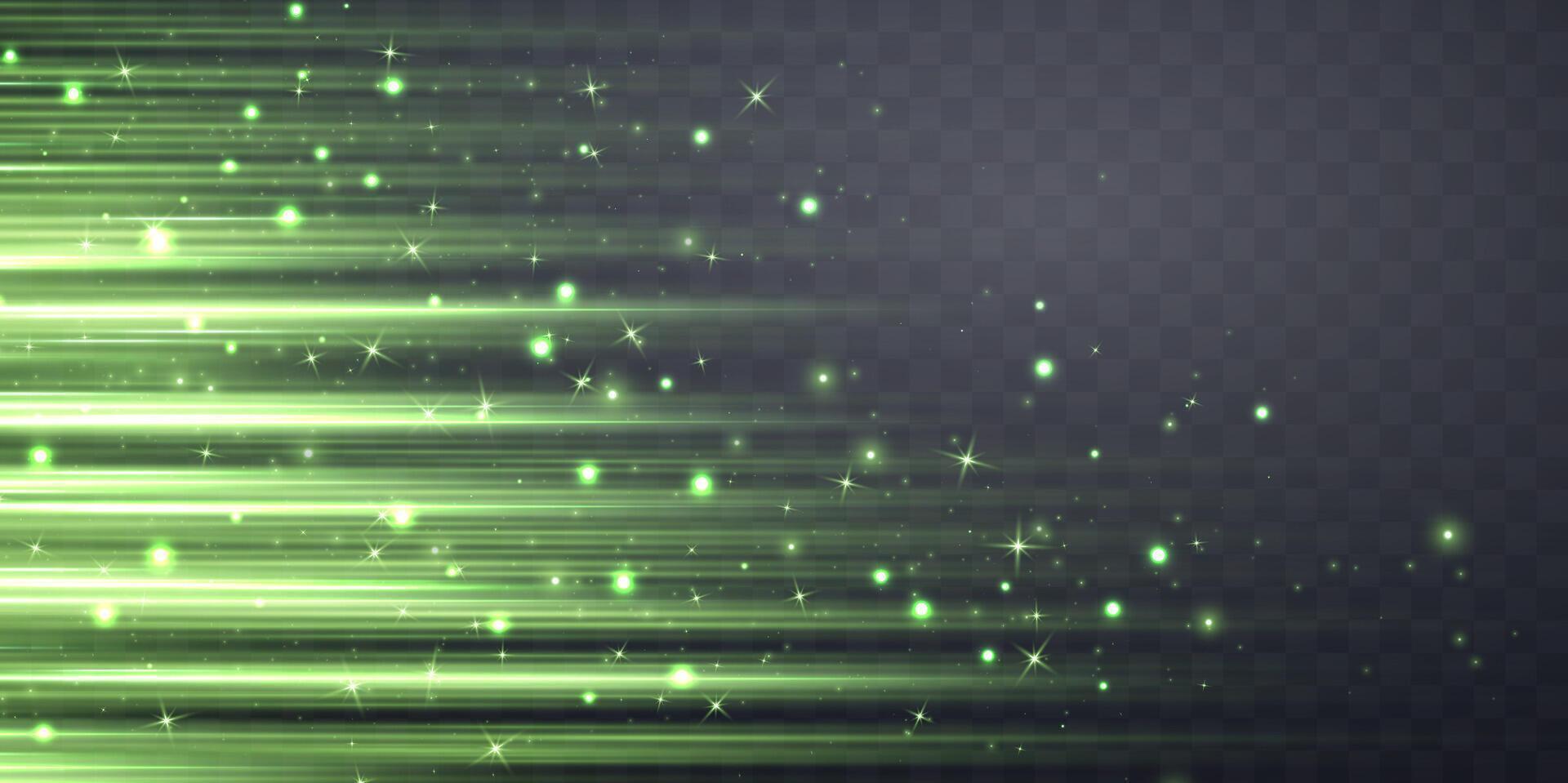 Green speed rays, velocity light neon flow, zoom in motion effect, glow speed lines, stripes with particles. Abstract background vector
