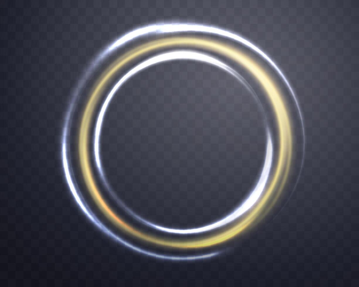 Gold and silver magic glowing ring with smoke. Neon realistic energy flare halo ring. Abstract light effect illustrat vector
