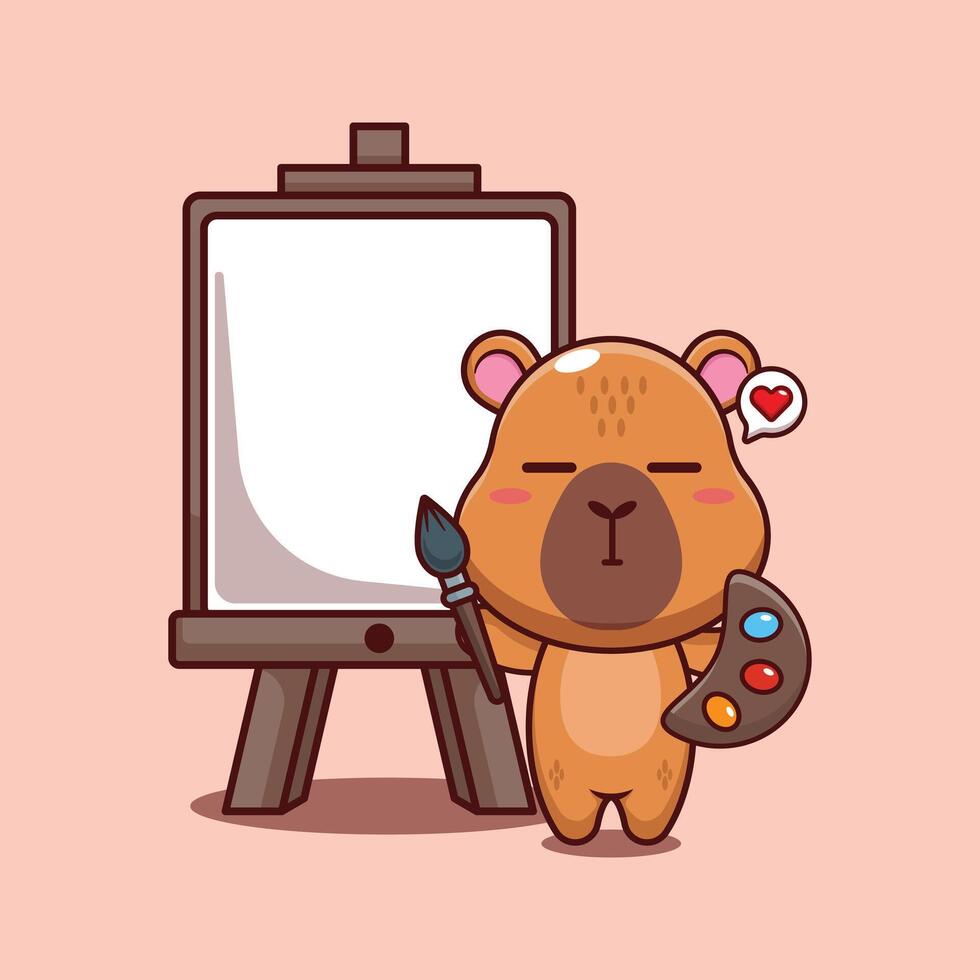capybara mascot cartoon character illustration wants to paint on canvas. vector