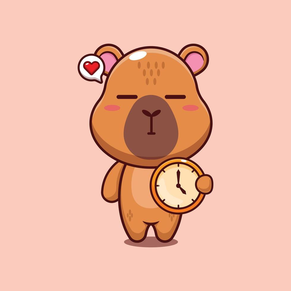 capybara mascot cartoon character illustration with clock. vector