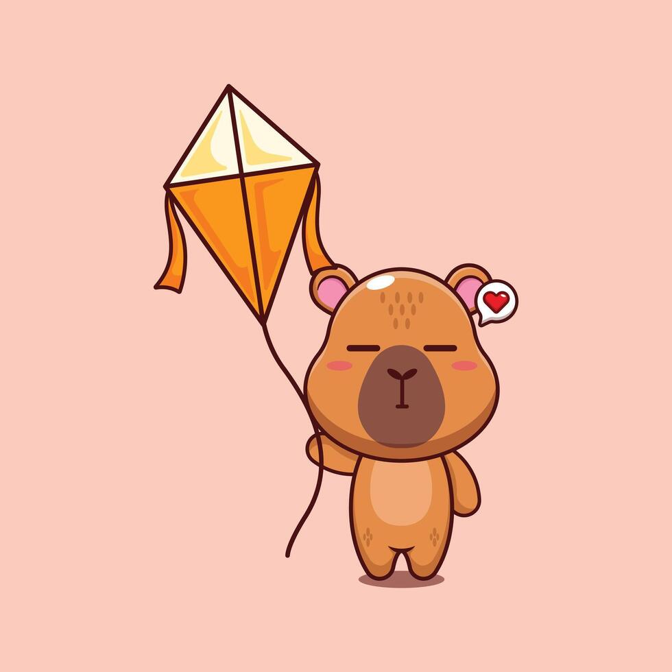 capybara mascot cartoon character illustration playing kite. vector