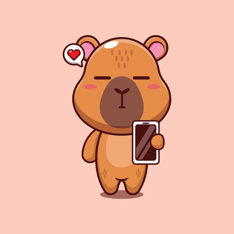capybara mascot cartoon character illustration with mobile phone vector