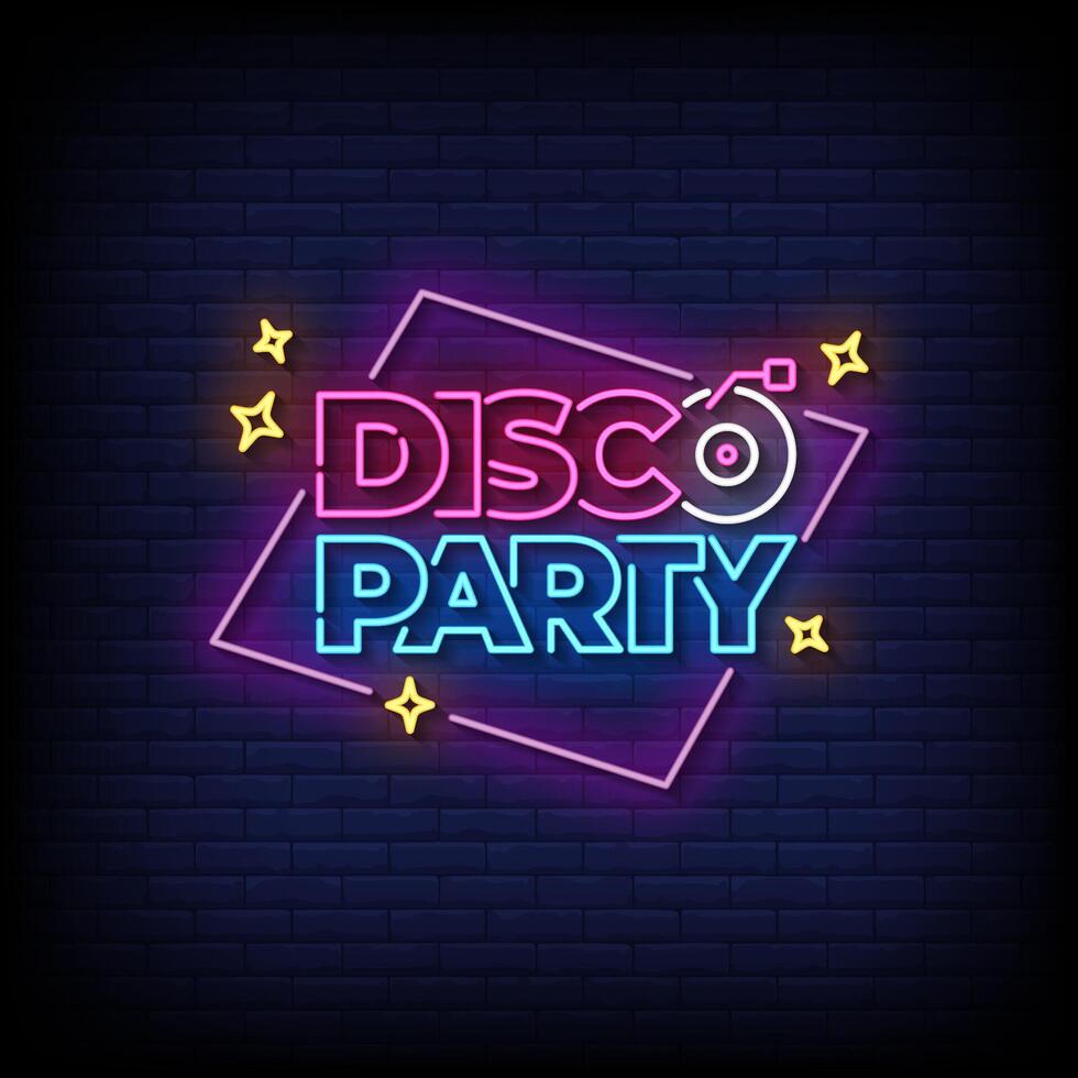 discoparty neon sign with brick wall background vector