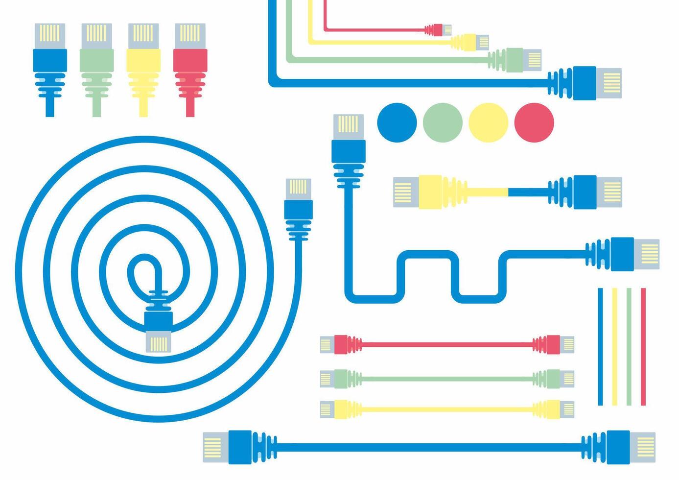 Connecting the Dots Colorful USB cables in various configurations, arranged in a graphic and geometric pattern, symbolizing data transfer and connectivity. vector