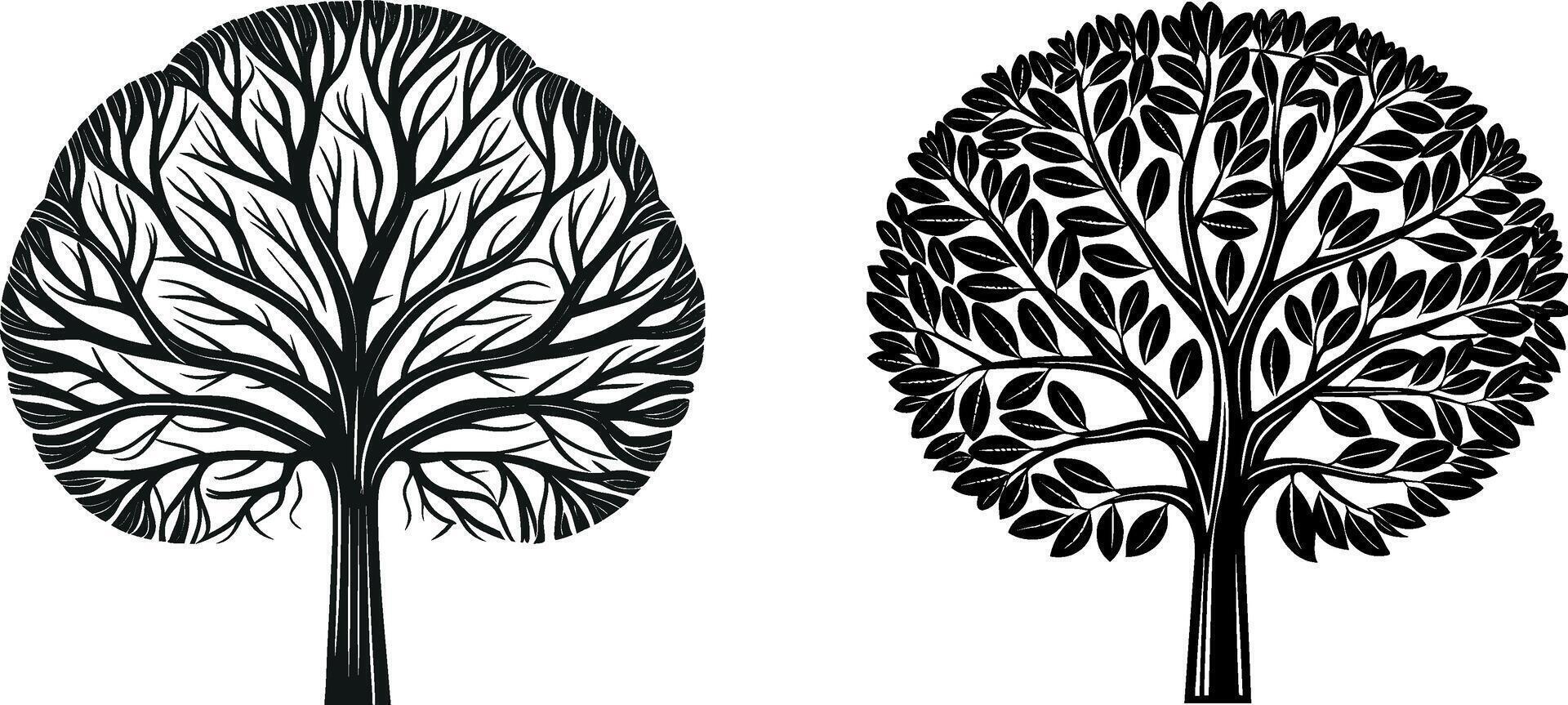 two trees with leaves and branches are shown vector