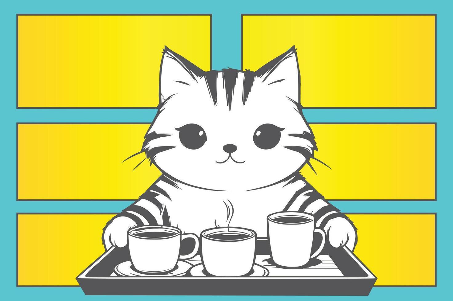 Adorable Cartoon Cat Serving Hot Coffee on a Tray with a Bright Background vector